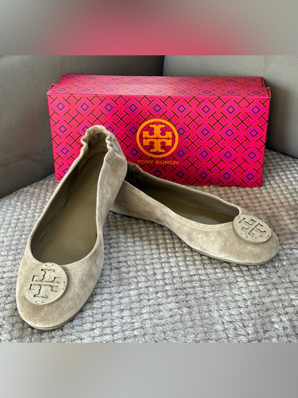 Tory Burch Beige Suede Elastic-Back Ballet Flats with Logo